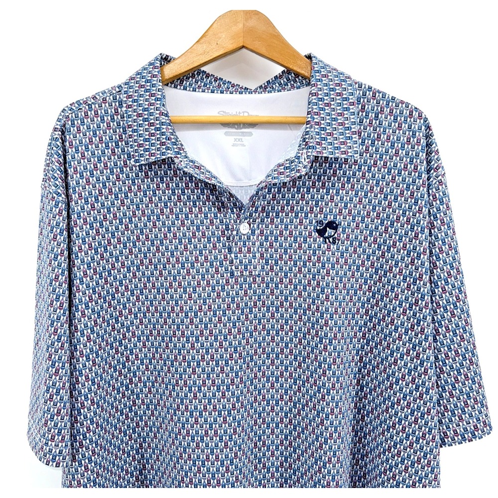 Straight Down Speed Boats Mens XXL Pre-Owned White Blue Multi Golf Polo Shirt